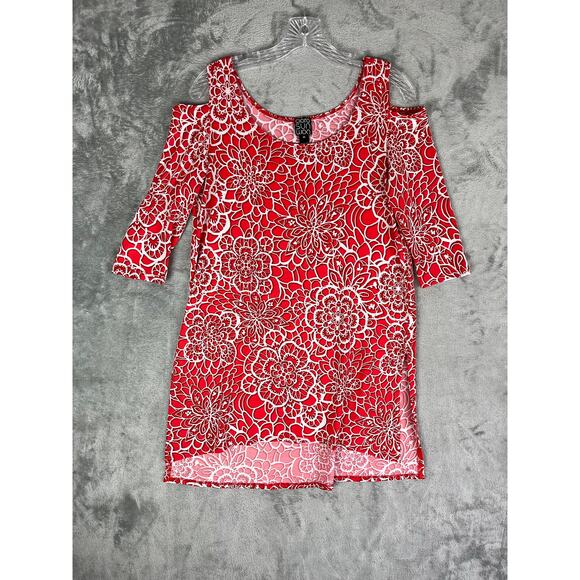 Clara Sunwoo Pink Stretchy Cold Shoulder Tunic Top XS Floral Geometric Long Line - Picture 14 of 16